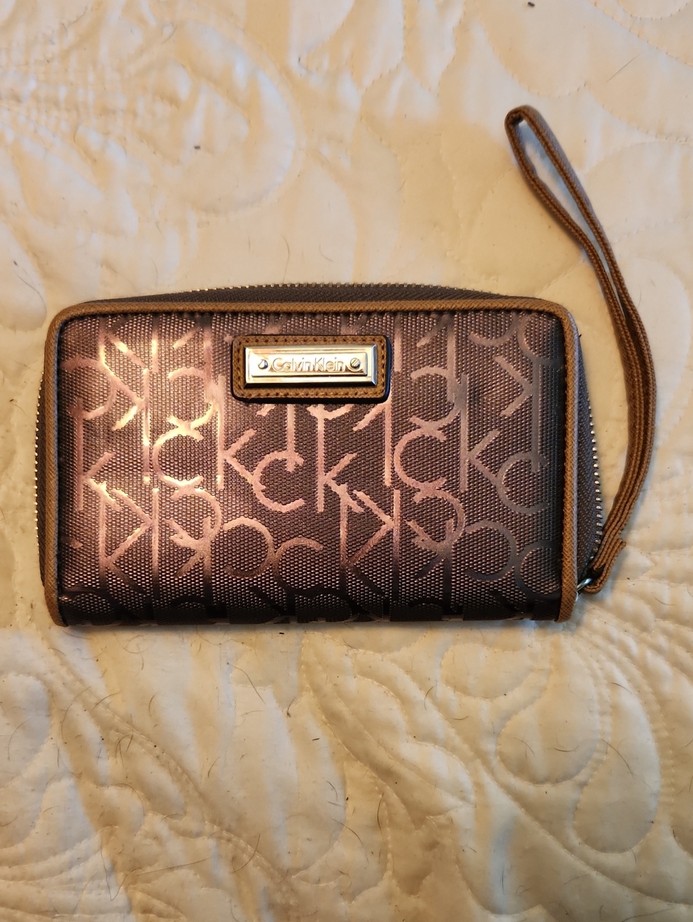 Calvin Klein Shimmery Bronze Monogram Wristlet Wallet